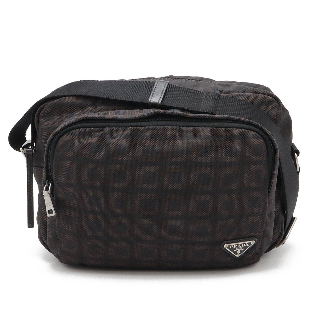 Prada Shoulder Bag messenger brown black canvas silver